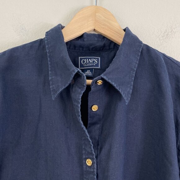 Chaps Classics Womens Plus 2X Blue Button Up 100% Linen Shirt Roll Tab Sleeve - Picture 6 of 9